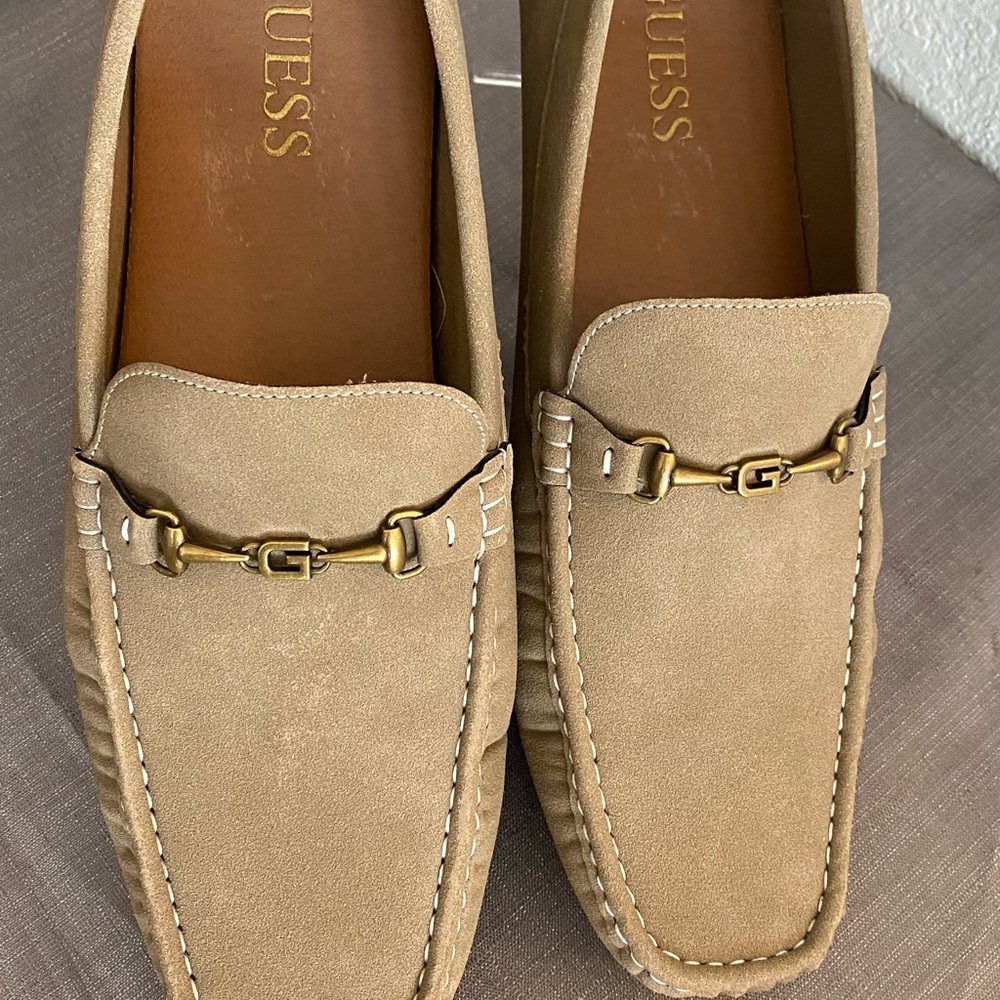 GUESS Men's Tan Loafers with Gold Buckle